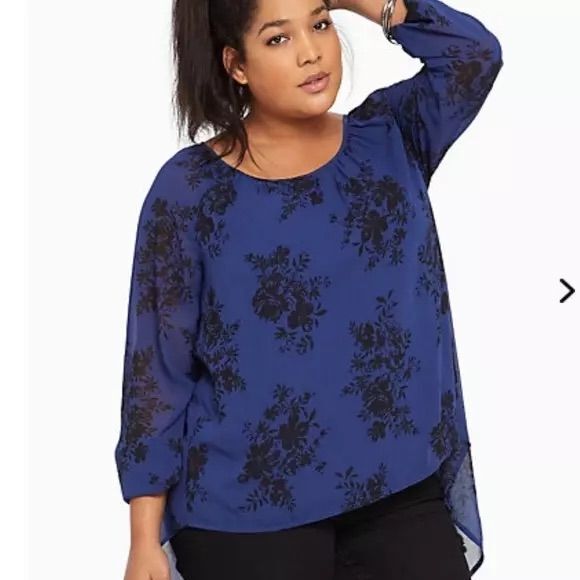 Torrid Blue Black Floral Sheer Long Sleeve‎ Scoop Neck Blouse Top Shirt Size 2 - Picture 1 of 11